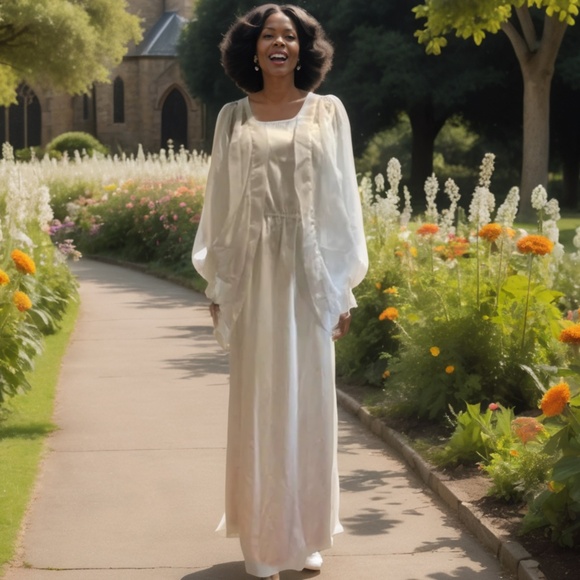 70s 2PC HANDMADE WHITE COTTON SPAGETTI STRAP DRESS & SHEER OVERSIZE JACKET SZ 12 - Picture 1 of 10